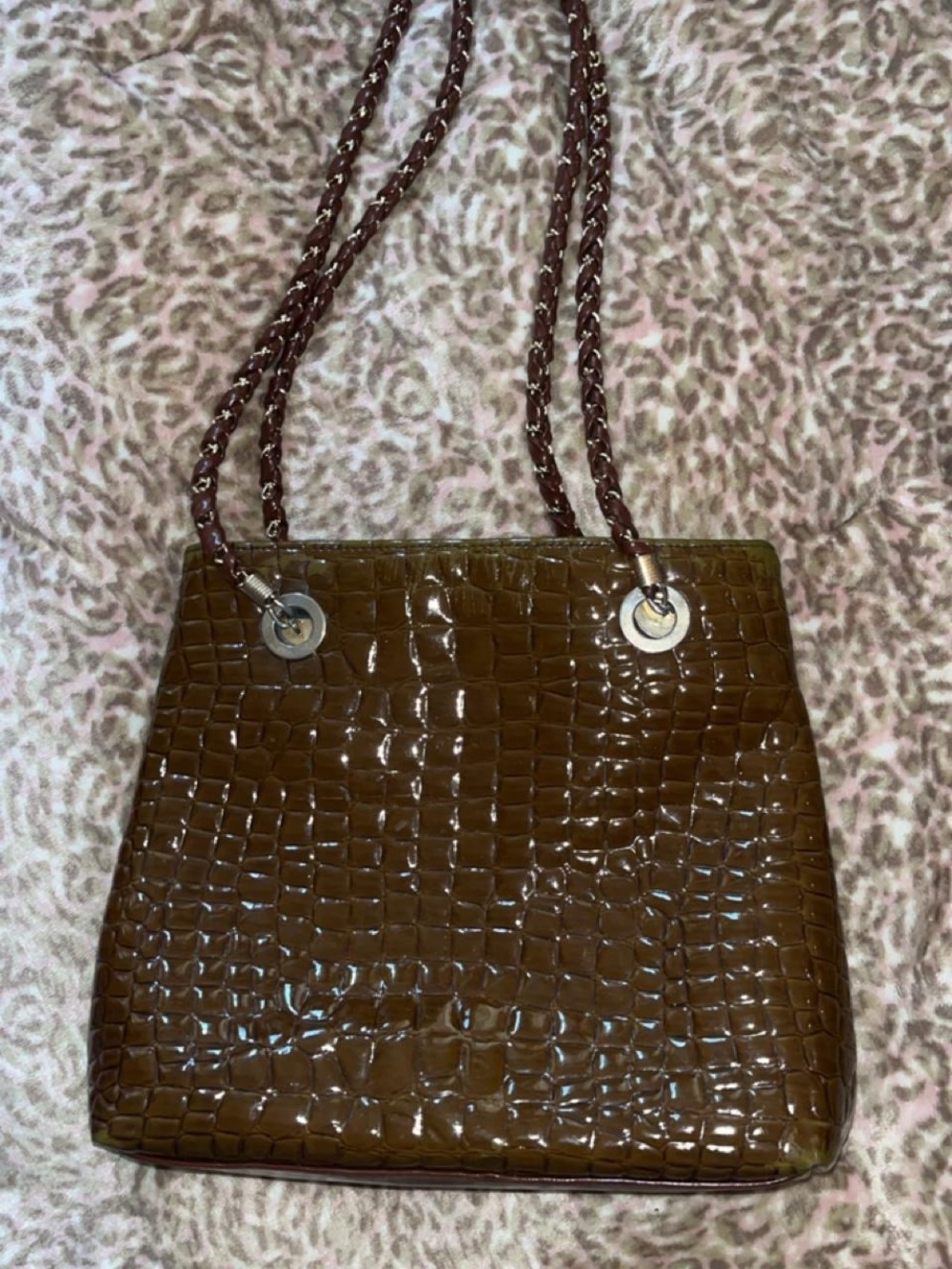 Croc-Embossed Shoulder Tote in Dark Brown
